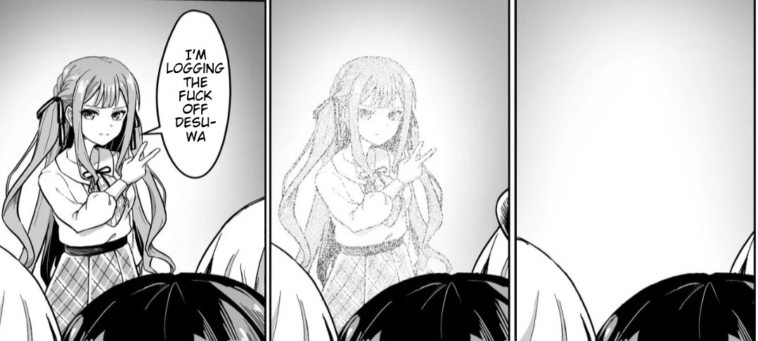 Edited panels from the BanG Dream Ave Mujica manga, featuring Sakiko Togawa going 'I'm logging the fuck off desuwa.'